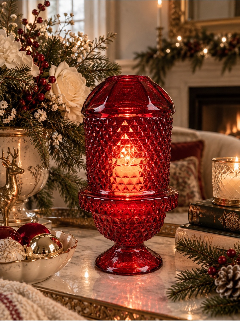Viking Glass Vintage Ruby Red Diamond Point Fairy Lamp 6.5” Christmas Decor Gift